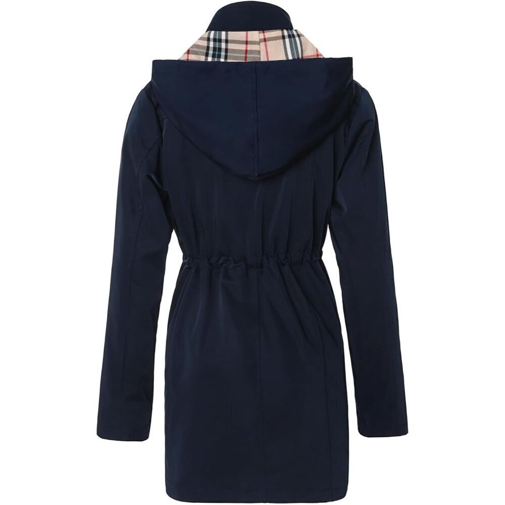 🆕Women's Navy Blue Waterproof Long Raincoat Windbreaker Jacket with Hood - Picture 2 of 7